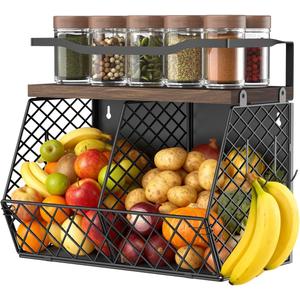 3-in-1 Magnetic Fruit & Vegetable Basket with Spice Rack Shelf for Fridge - Wall Mount Countertop Kitchen Wire Storage Organizer for Produce Potato Onion, Kitchen Essentials and Decor, Rustic