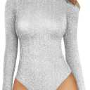 Nlife Womens Mock Turtle Neck Shiny Bodysuit Sparkly Tops Long Sleeve Bodysuits Sparkle Jumpsuit, XL, 1-turtle-1-white