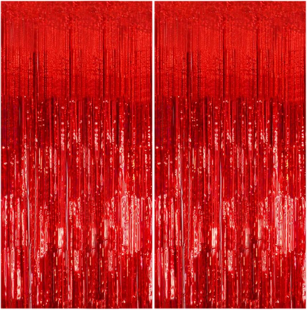 2 Pack Foil Curtain Backdrop Red Metallic Tinsel Foil Fringe Curtains Photo Booth Props for Birthday Wedding Engagement Baby Shower Bachelorette Christmas Holiday Celebration Party Decorations
