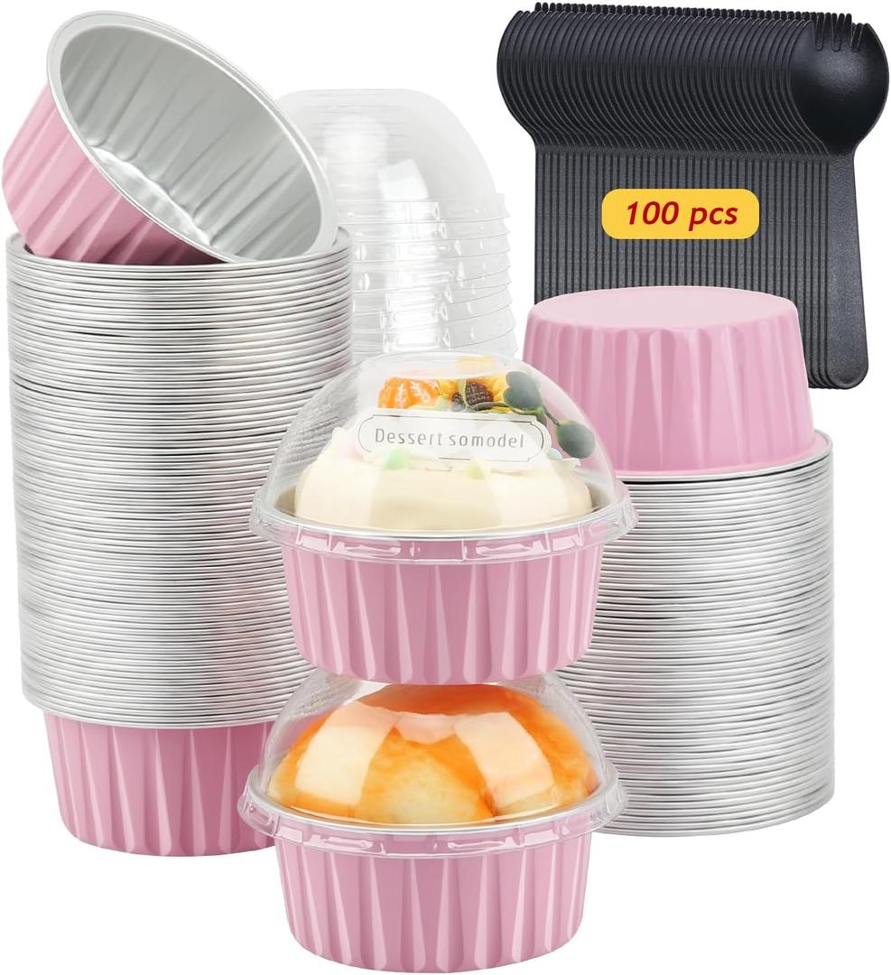 LNYZQUS 5oz Cupcake Pans with Dome Lids 100 Pack, Aluminum Foil Small Cake Baking Tin,Disposable Ramekins Cupcake Baking Cups Containers, Mini Pie Pans Muffin Tins Jumbo Cupcake Liners-Pink