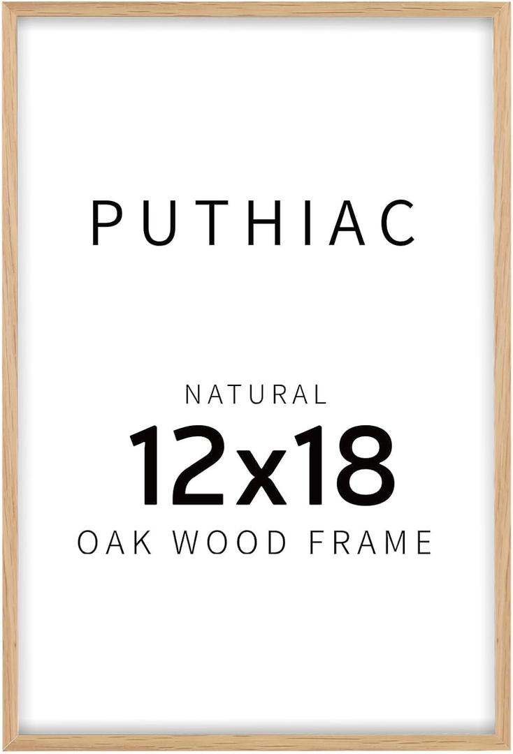 puthiac 12x18 Solid Oak Wood Picture Frame, Fits 8x12 with Mat or 12x18 Without Mat, Wall Display Only, Vertical or Horizontal, Plexi Front, 1 Pack, Natural Oak