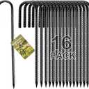 Rebar Stakes 12 Inch, Rebar Stakes Heavy Duty 16 Pack Ground Anchors J Hook with Chisel Point End Galvanized Steel Anchors for Fence Landscape Trampoline Chain Link Garden Camping Tent Plants (Black)