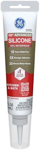 GE Advanced Silicone Caulk for Kitchen & Bathroom, Clear, 2.8 fl oz Tube, 1 Pack - 100% Waterproof Silicone Sealant, 5X Stronger Adhesion, Shrink & Crack Proof