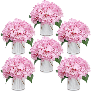 DIYDOFUN Flower Table Centerpieces - Set of 6 Floral Arrangement Artificial Wedding Hydrangeas Floral Arrangement with Rustic Metal Vase for Bridal Tea Party Event Decorations - Blush Pink