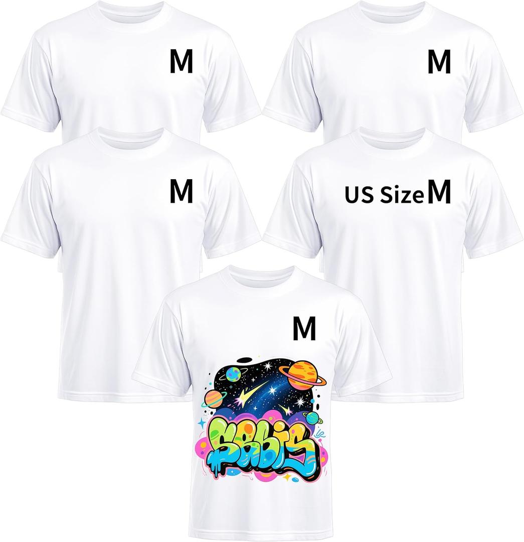 Joyclub 5 Pack White Blanks T Shirts Polyester Bulk Unisex Sublimation Shirts Wholesale Items Crew Neck Short Sleeve for Heat Transfer Adults Clothes Advertising DIY Fun (M)