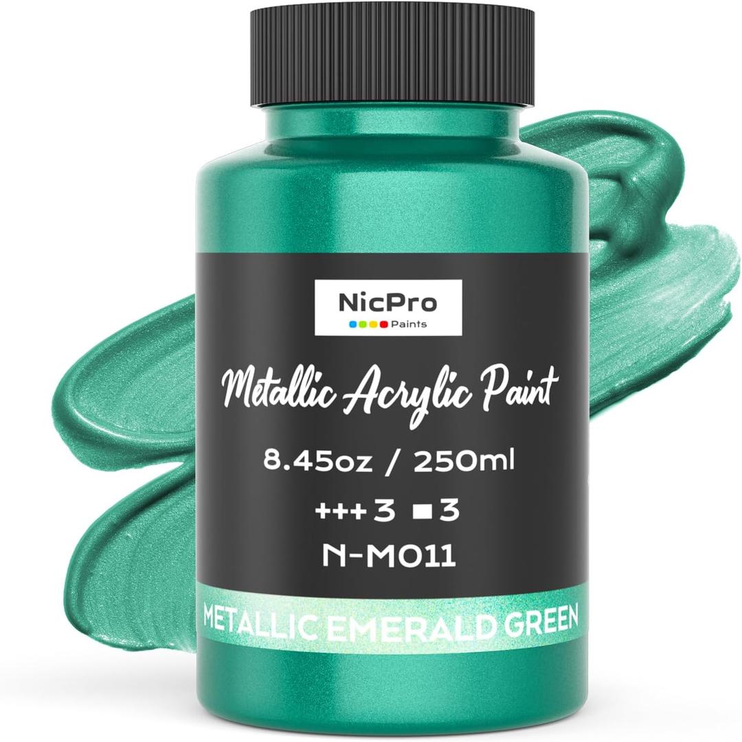 Nicpro Metallic Emerald Green Acrylic Paint, 8.45oz/250ml Large Pearlescent Acrylic Paint, Non Toxic, Non Fading Craft Paints for Metal, Wood, Clay, Fabric, Canvas, Ceramic, Furniture, Handcrafts