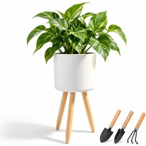 Plant Stand for Indoor Plants, Metal Planter Stand with Wooden Legs, White Flower Plant Pot Holder for Living Room, Office, Bedroom, Modern Home Decor