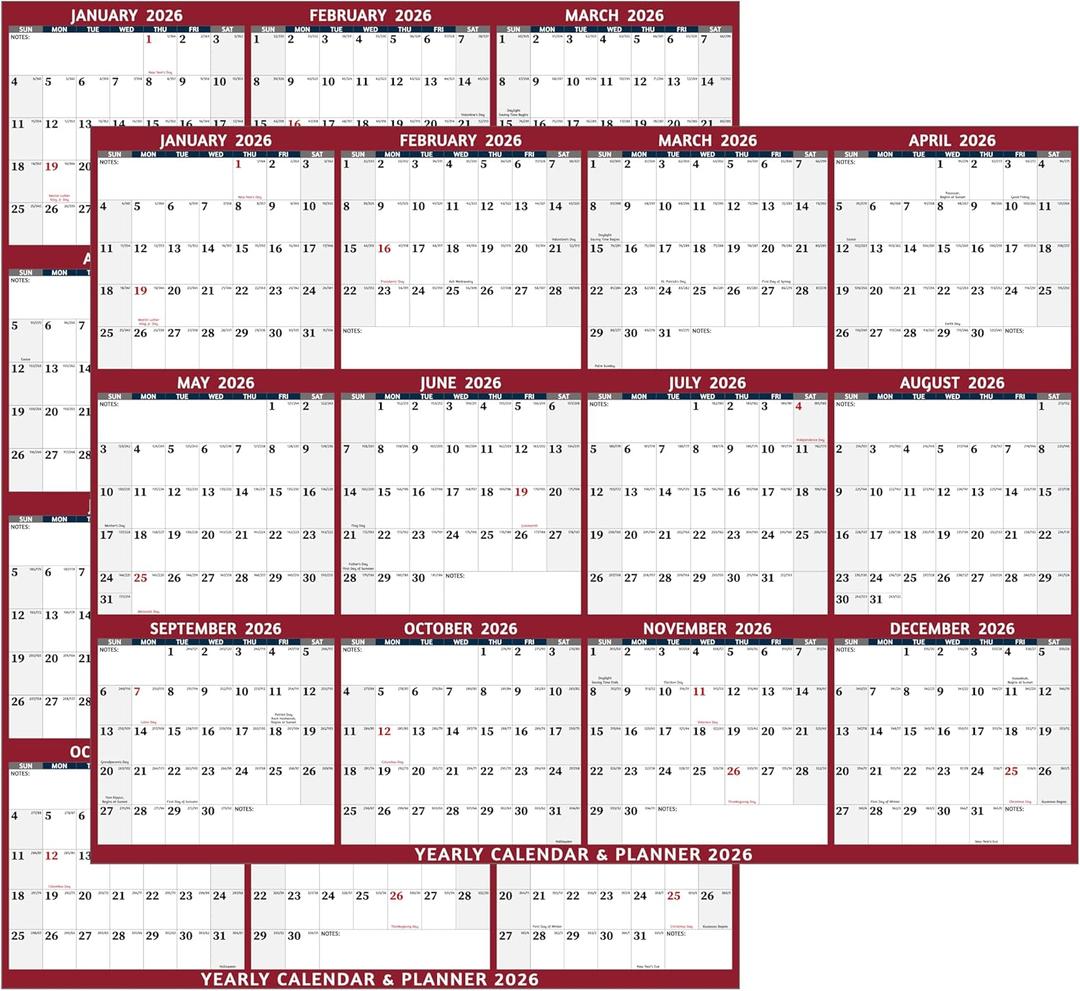 5 x 2026 Dry Erase Calendar  Large Yearly Wall calendar 2026, 33.7'' x 45.1'', 2-Side Reversible Calendar 2026, Vertical/Horizontal, Jan 2026  Dec 2026, 2026 Wall Calendar with Notes, Stickers - Red