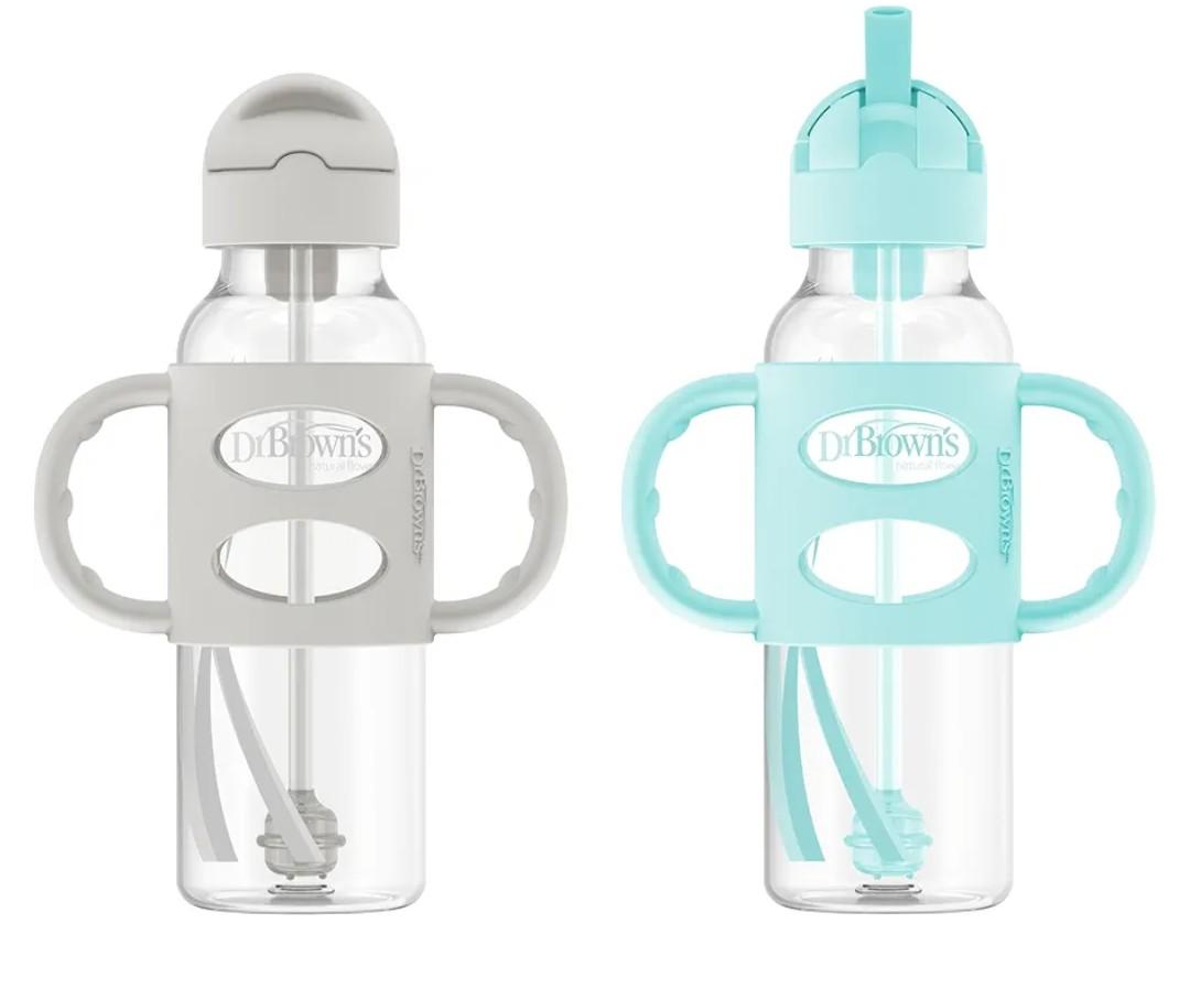Dr. Brown's Milestones Narrow Sippy Straw Bottle, SpillProof with 100% Silicone Handles and Weighted Straw, 8 oz/250 mL, Gray/Green, 6m+