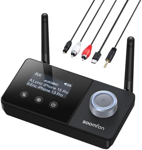 SOOMFON Dual Antenna Bluetooth Transmitter for TV Bluetooth 5.3 Receiver 3-in-1 to 2 Headphones with LCD Display Volume Control Optical AUX RCA for TV Home Stereo Speaker