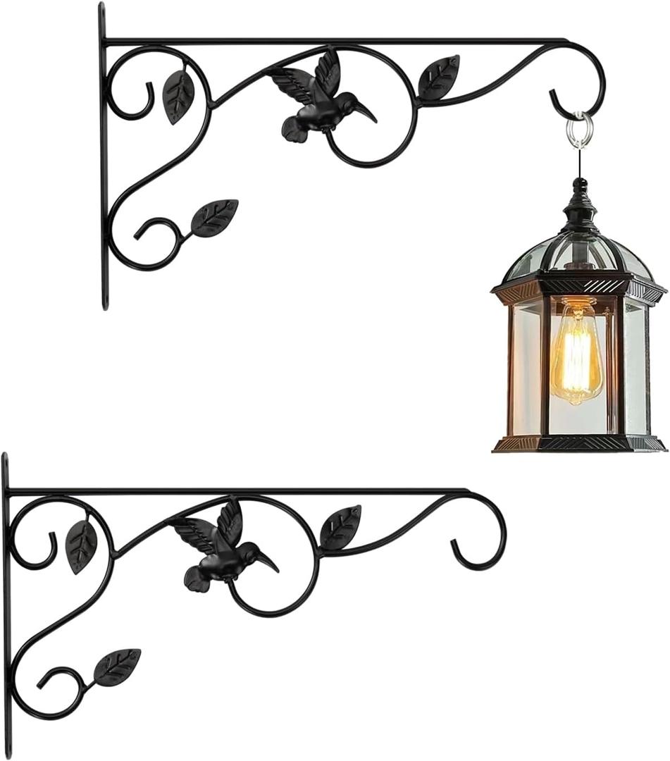 Elegant Bird Pattern Wall Hooks - Metal Plant Hangers for Indoor & Outdoor - Rust-Resistant Bracket for Plants, Feeders, Chimes, Lanterns (Black, 2 Pack - 12 inch)