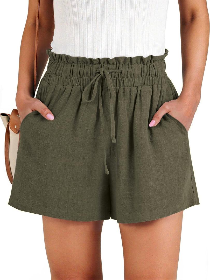 NILOINE Womens Summer 2025 High Rise Drawstring Shorts Elastic Waist Solid Color Lightweight Beach Shorts Cute Wide Leg Short Pants with Pockets(1-Army Green,X-Large)