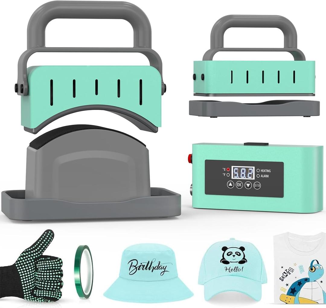 2 in 1 Hat Press Machine, Heat Press Machine for Caps, T-Shirts, Bags. with 3.15"5.5" Curved Heating Element & Silicone Platen, LCD Digital Temperature & Timer Control, No Crease