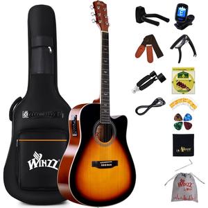 Winzz Acoustic-Electric Guitar 4/4 Full Size for Adults Beginners and Teens,6 Steel-String Acustica Guitarra Starter Kit, 4-Band Equaliser, 41" Dreadnought Cutaway, Glossy Sunburst, Right Hand