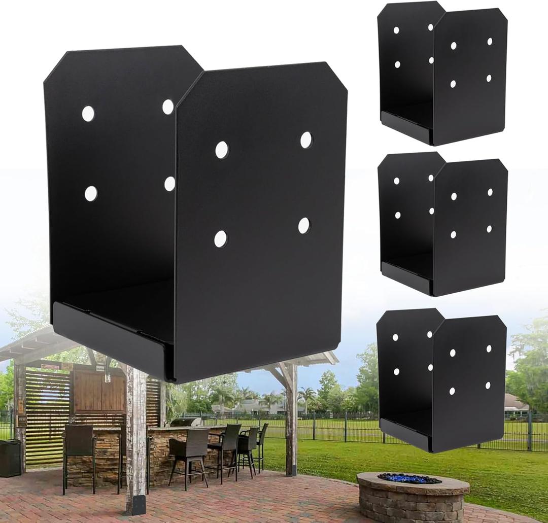 8x8 Post Base Brackets 4-Pack (7.5x7.5in Actual) - Heavy Duty Deck Post Anchor for Pergola, Gazebo, Playset - Black Powder Coated Steel with Standoff