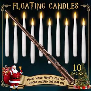 Floating Candles with Wand - Christmas Magic Hanging Flameless Candles Taper Candles with Remote for Halloween Window Home Bedroom Birthday Party Decorations (10 PCS White Candles + 1 Brown Wand)