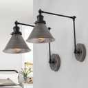 LALUZ Wall Sconces Lighting 2 Pack, Modern Swing Arm Plug-in or Hardwired Adjustable Wall Lamp with Brushed Black Silver Finish for Bedroom, Kitchen, and Living Room
