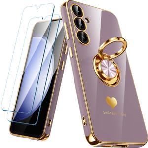for Samsung Galaxy S23 FE 5G Case with 2 Pack Screen Protector, 360 Rotatable Ring Holder [Luxury Hearts Pattern] Plating Gold Edge Slim Soft Phone Cover Case for Galaxy S23 FE - LightPurple