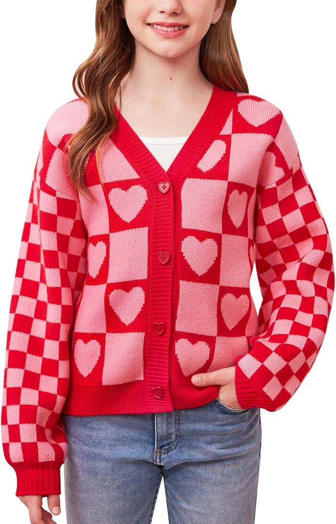 Girls St Patricks Button V-Neck Knit Sweater Cardigan Irish Lucky Shamrock Outfit 6-14 Years (Pink | Heart Checks)
