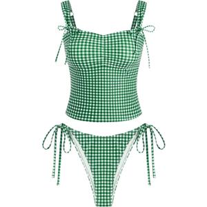 ZAFUL Women's Gingham Ruched Bowknot Decor Cinched Back Tankini Set Tummy Control 2 Piece Bikini Swimsuits (Medium, 1-green)