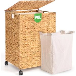 Livole Wicker Laundry Hamper with Lid & Wheel, 23.8 Gallon (90 L) Handwoven Water Hyacinth Laundry Basket with Removable Liner & Handles, Sturdy Steel Frame for Bedroom Bathroom Laundry Room Natural