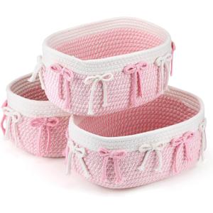 Geelin 3 Pcs Pink Bow Baskets for Gift Coquette Cute Woven Rope Gift Baskets Rectangle Shelf Organizer Laundry Hamper Storage Bins for Closet Bedroom Nursery Toys Organizing, 11.8''x7.8''x4.7''