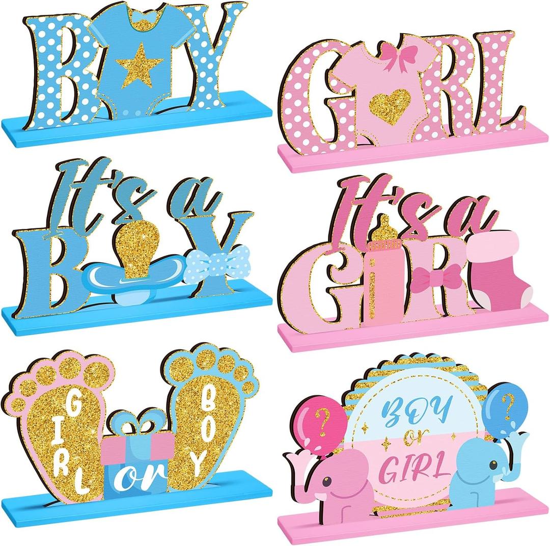Suzile 6 Pcs Baby Gender Reveal Table Wooden Decorations Blue and Pink Gender Reveal Party Table Decorations for Unisex He or She Boy or Girl Baby Shower Pregnancy Announcements Decor Newborn Party