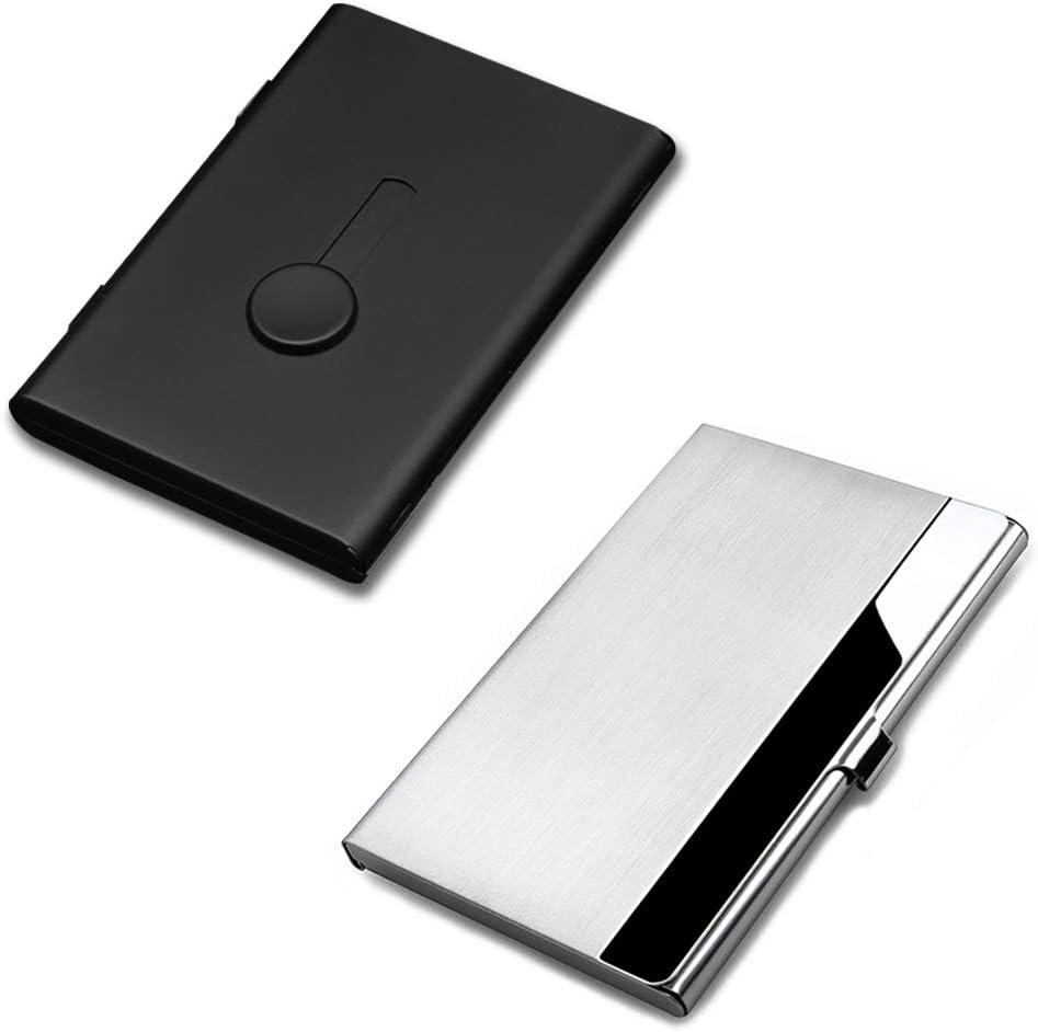 SENHAI 2 Pcs Business Card Holders, Professional Thumb-Drive Slide Out Business Card Case and Stainless Steel ID Name Wallet Credit Card Holder for Men and Women - Black