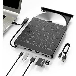 External Blu-ray Drive, 5-in-1 USB 3.0 & Type-C BD Reader, DVD/CD Burner with Dual USB-A Ports, SD/TF Slots  Portable Blu-ray Player for Laptop PC, Windows/Linux/Mac OS Compatible (5 in 1)
