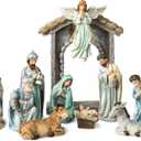 Glitzhome Christmas Nativity Set Nativity Scene Set Indoor 8" Resin Nativity Figurines Set 11 Pcs Removable Angel Statue Blue Nativity Sets & Figures Christian Holy Family Figure with Baby Jesus