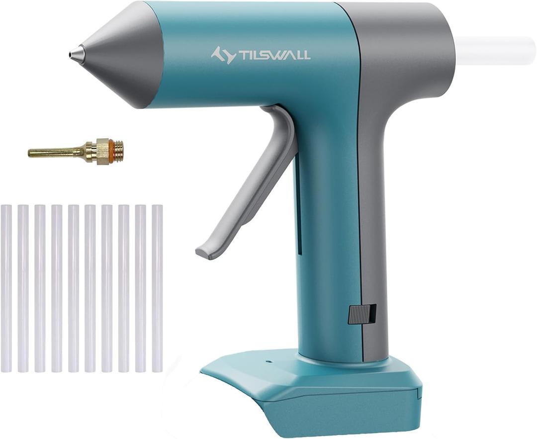 Tilswall 100W Cordless Hot Glue GunCompatible with Dewalt 18V/20V Battery(Battery Not Included), Full Size Glue Gun 90s Fast Preheating with 10PCS 0.43'' Glue Sticks for DIY Crafting and Home Repair (Blue)