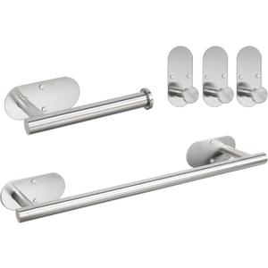 TocTen 5 Pieces Wall Mounted or Self Adhesive Towel Bar Set, Stainless Steel Bathroom Hardware Set Include 16 Towel Rack, Toilet Paper Holder, 3 Towel Hook, Sticky Bathroom Accessory Kit (Silver) (16 Inch with Holes, Brushed Nickel)
