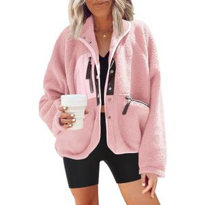 Nirovien Womens Fuzzy Fleece Jacket Button Down Sherpa Coats Casual Winter Warm Outwear with Pockets (Large, Pink Purple)