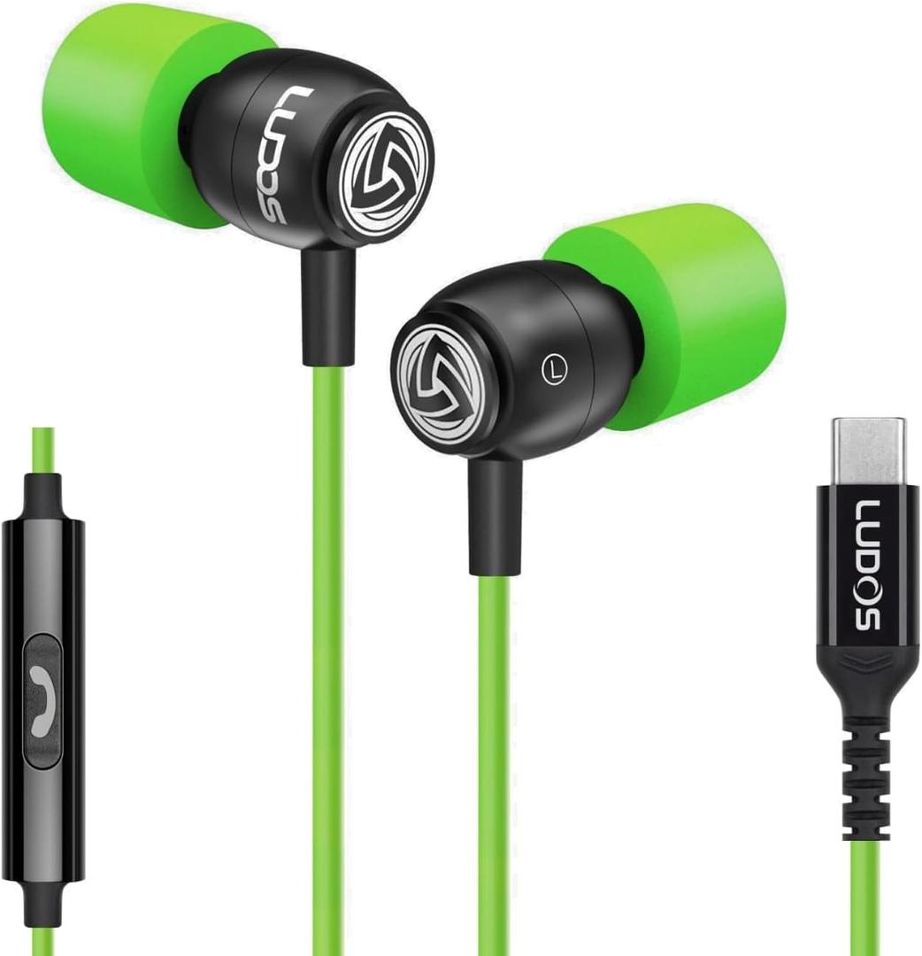 LUDOS Clamor USB C Headphones for iPhone 16 15 Pro Max Plus iPad Pro, USB-C Earbuds for Samsung Galaxy S24 S23 Ultra S22 S21 FE S20 A55 A54 A53, USB Type C Earphones - Green