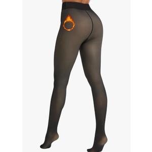 Fleece Lined Sheer Tights Women, Black Skin Translucent Leggings Thermal Pantyhose Warm Stockings Tall, Size M