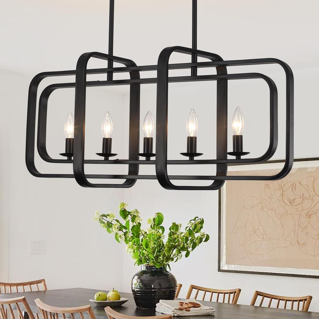 TOULMJ 5-Light Dining Room Light Fixture, 31.5" Black Farmhouse Kitchen Island Lighting Modern Linear Chandeliers for Dining Room Kitchen Island with Adjustable Rods