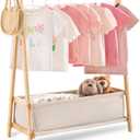 Kids Clothing Rack with Storage Box, Kids Dress Up Rack, Dance Costume Garment Rack for Hanging Clothes,Garment Rack for Hanging Clothes Organizer, Bamboo (Natural)