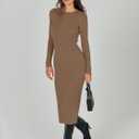 ANRABESS Women Long Sleeve Sweater Dress Crewneck Bodycon Stretch Slim Fit Ribbed Knit Midi Dresses 2025 Fall Trendy Outfits Brown Medium (Brown, M)