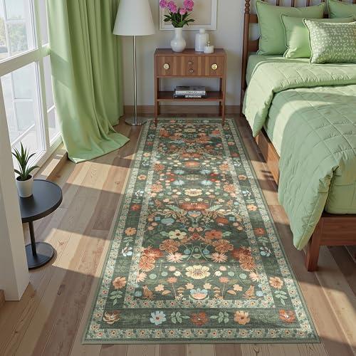 Deerly Green Floral Runner Rug 3x8 for Hallway Vintage Boho Washable Bathroom Kitchen Bedroom Runner Rugs Non-Slip Soft Low Pile Thin Indoor Carpet for Laundry Room Farmhouse Flower, Green/Multi