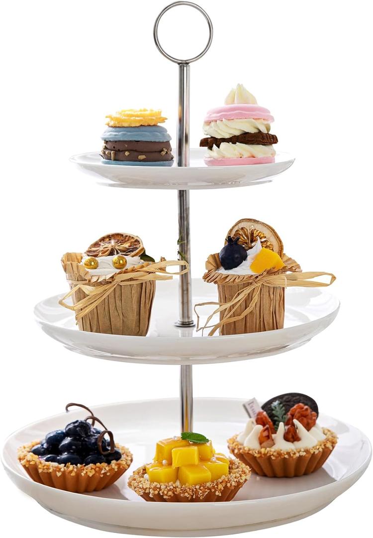 Sweese 3 Tier Cupcake Stand- White Porcelain Cake Stand- Dessert Stand, Tiered Serving Trays for Parties (10.75 inch)