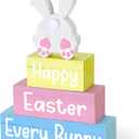 4 Pcs Easter Table Decoration Happy Easter Every Bunny Wooden Block Sign Pastel Bunny Centerpiece Spring Wood Blocks Tiered Tray Decor for Home Kitchen Tabletop Display