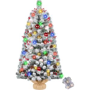 DDHS Small Flocked Christmas Tree,4ft Prelit Tabletop Christmas Tree, with 100 Lights, Ornaments Balls, Pine Cones Red Berries, Easy to Assemble Perfect for Holiday Christmas Home Decor