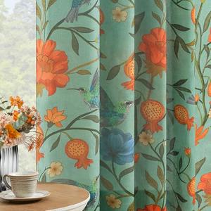 JOOJA Green Floral Linen Curtains, Boho Whimsical Bird Print Curtains for Bedroom Window Colorful Patterned Sheer Curtains for Living Room Kitchen 2 Panels 63 Inches Long
