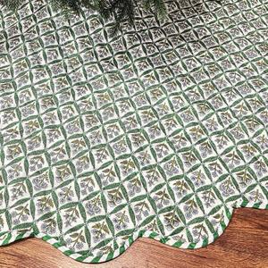 Quilted Christmas Tree Skirt - Vintage Floral Block Print Christmas Tree Skirt with Scalloped Edge Thicken Cotton for Home Decorations Holiday Party Gift(60 Inch,Checkered Floral,Green)