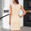 GRACE KARIN 2025 Women's Buttons Belted Square Neck Business Work Dress Sleeveless Bodycon Midi Dress (Beige, XL)