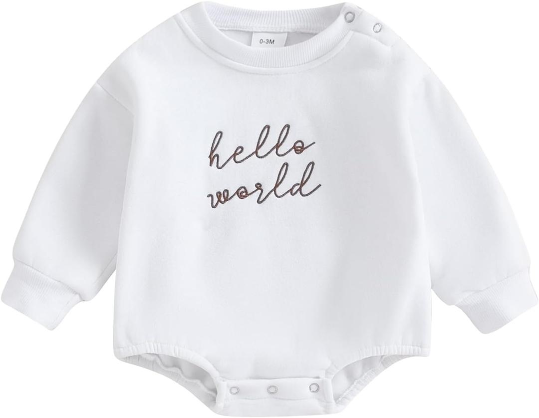 VISGOGO Newborn Infant Baby Boy Girls Oversized Romper Little Dude Sweater Onesie Coming Home Outfit Neutral Clothes (0-3 Months, Hello World-white)