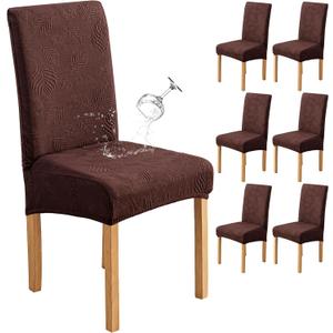 Genina Waterproof Dining Chair Covers Set of 6,Stretch Dining Room Chair Slipcovers with Leaf Jacquard,Removable Kitchen Chair Protector for Home,Restaurant,Banquet-Dark Brown