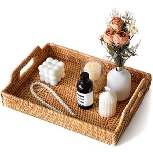 Wicker Tray Rectangle with Handles, Handmade Rattan Natural Woven Tray, Rattan Serving Wicker Trays for Decor Storage, Coffee Table Basket Trays for Breakfast Bread Fruit Snack