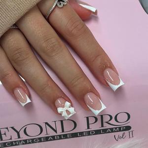 24Pcs Press on Nails Short Square Fake Nails White French Tip Glue on Nails Full Cover Glossy Nude Pink with Bow Nail Rhinestones Designs False Nails Acrylic Stick on Nails for Women Daily Wear Nails