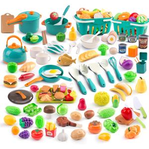 200Pcs Mini Play Kitchen Accessories for Kids, Pretend Cooking Playset with Cookware, Tableware & 2 Fruit Sets, Learning Gift for Girls, Boys, Toddlers, Green